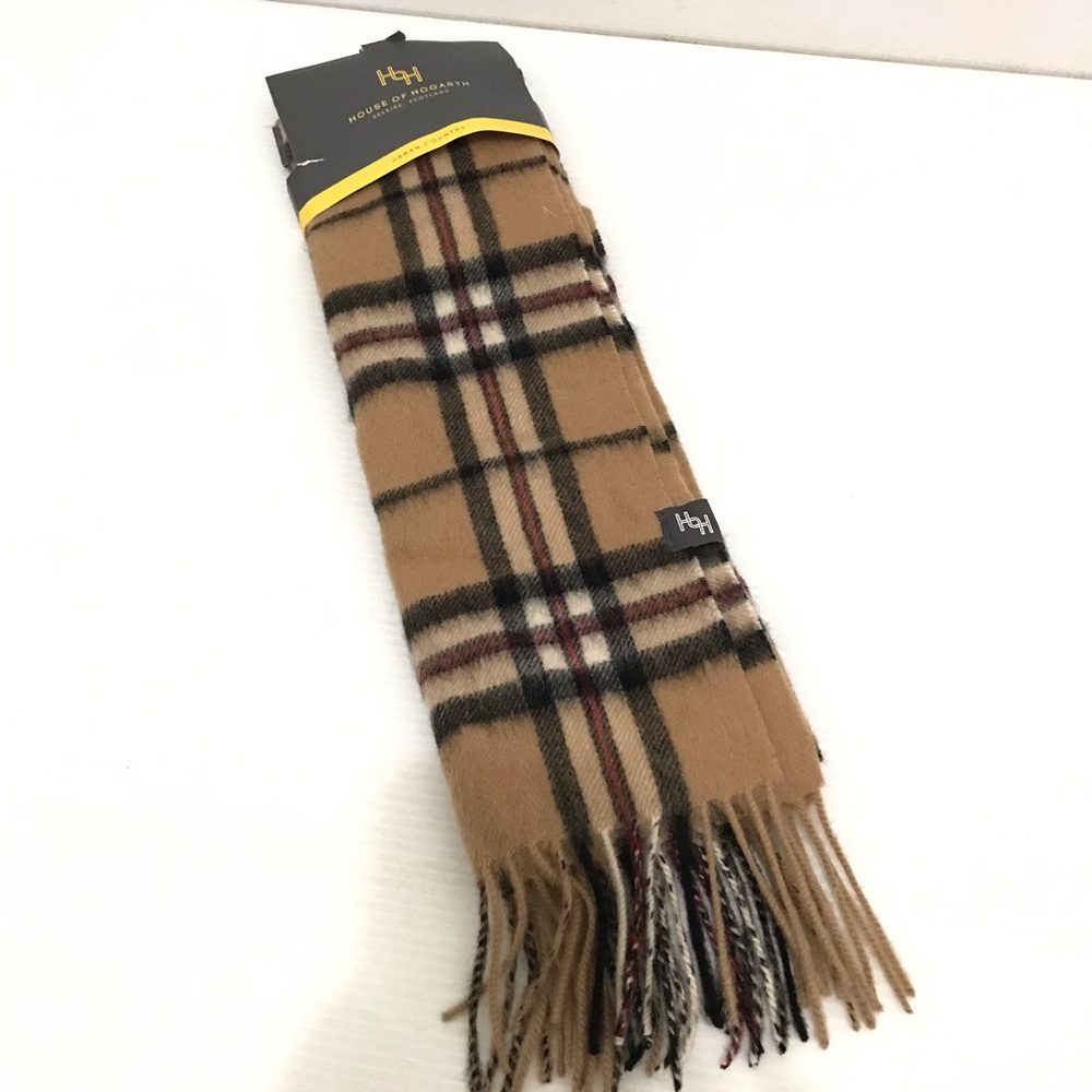New House of Hogarth Lambswool Scarf Tan Plaid Scarf